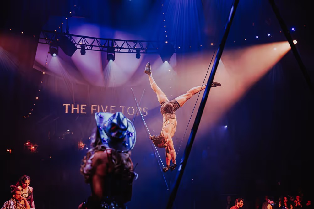An aerial handstand under the Big Top spotlights in COME ALIVE!